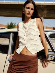 Nöista Sleeveless Fringed Button-Front Vest With Textured Tiers And A Cropped, Flattering Cut-Casual For Everyday Wear Or Graduation And Prom - Apricot - View 3