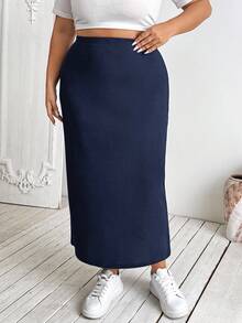 SHEIN CURVE+ 大码女式黑色针织弹力紧身及膝裙 - 藏蓝色 - 查看 4