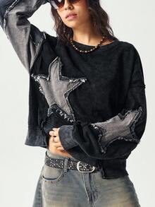 Bohemela 秋季波西米亚乡村音乐节万圣节休闲纯色拼布圆领宽松水洗女式运动衫 - 黑色 - 查看 4