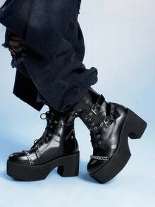 Sugerpunk 女式哥特式金属链扣圆头粗跟朋克靴，PU 黑色高跟靴，适合派对、日常穿着、晚礼服，增高修腿 - 黑色 - 查看 5