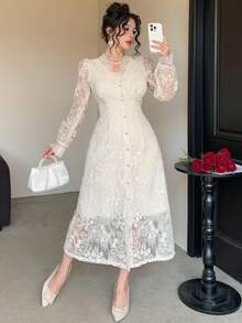 DAZY Women's Elegant V-Neck Puff Sleeve Lace Mid-Length Party Dress, Autumn Prom Dress - Apricot - View 7