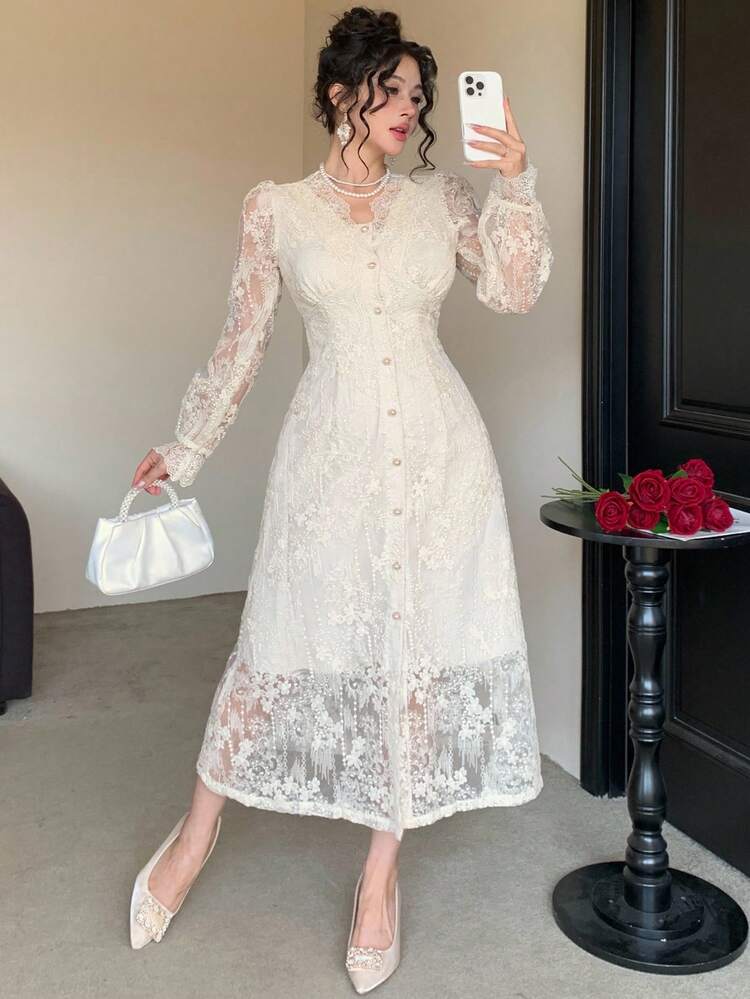 Vestido de fiesta elegante de longitud media con cuello en V, mangas abullonadas y encaje para mujer, vestido de graduación de otoño de largo maxi - Albaricoque - Ver 7