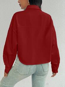 SHEIN Luminelle Áo sơ mi dáng rộng tay dài, đơn hàng khuy, vai trễ màu trơn dành cho nữ - Màu Đỏ Sâu - Xem 2