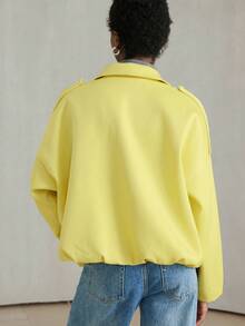Aveloria Modichic 女式蝙蝠翼领纯色粗花呢通勤时尚飞行员夹克 - 黃色 - 查看 2