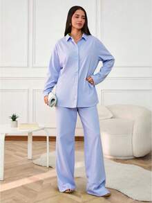 EURMUSE 2 Unids/set Traje De Camisa Y Pantalón De Tela Texturizada De Color Sólido - Celeste - Ver 4