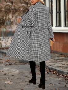 EMERY ROSE 女式千鸟格不对称领长袖双排扣口袋休闲羊毛混纺秋冬夹克 - 黑與白 - 查看 2