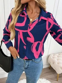 SHEIN LUNE Camisa de manga larga con botones y estampado geométrico casual para mujer, blusa de manga larga con estampado abstracto lindo para otoño/invierno, blusas de manga larga para mujer, blusas de manga larga estampadas, ropa de otoño para mujer, ropa de invierno para mujer, blusas de manga larga para salir - Multicolor - Ver 4