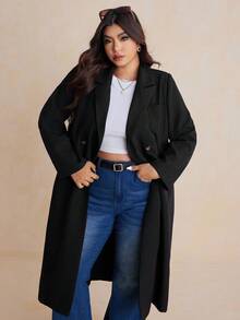 Dazy Plus Double-Breasted Solid Color Lapel Collar Long Fitted Long Sleeve Plus Size Women Casual Commuter Jacket Fall/Winter Women Coats - Black - View 5