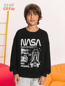 SHEIN 青少年男孩休闲宽松圆领运动衫套装 - 黑色 - 查看 7