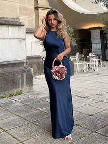 Jeta Ari 简约优雅斜裁双面缎纹醋酸纤维面料 A 字型无袖连衣裙，凸显女性魅力 - 藏蓝色 - 查看 4