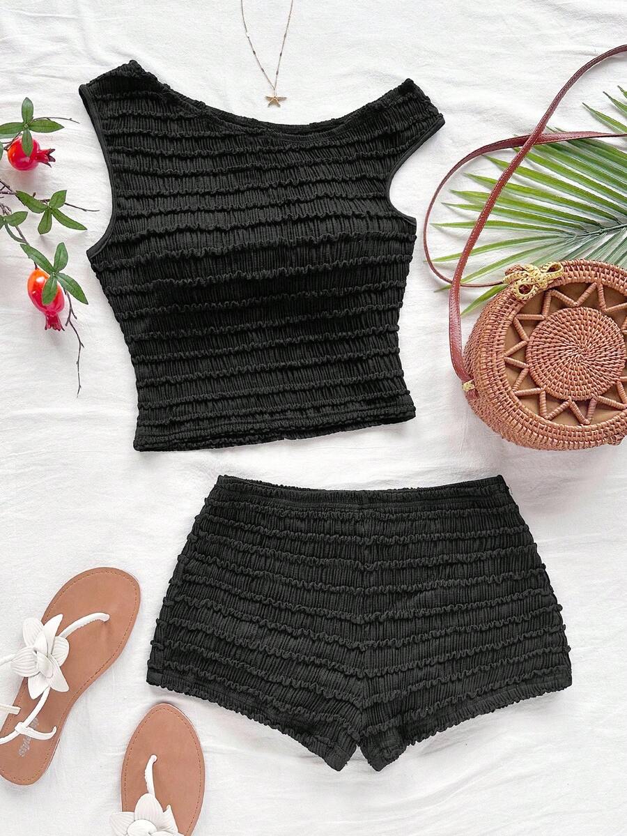 Soleia Women's Vacation Spring/Summer 2 Pieces Set: Red & White Striped Knit Asymmetrical Shoulder Crop Top And Super Low-Rise Bodycon Shorts, Suitable For Party, Christmas, Valentine's Day, Date, Beach, Cruise, Carnival, Easter, Chinese New Year