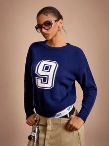 SHEIN Sports Áo len dài tay cổ tròn dáng rộng màu tương phản dành cho nữ - Màu xanh lam - Xem 4