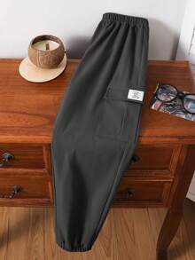 SHEIN Tween Boy Casual Cargo Pocket Gray Jogger Pants, Versatile For Daily Wear, School, All Seasons,Winter,Fall - Dark Grey - View 3