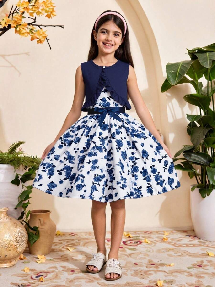Tween Girl Floral Print Belted Dress & Ruffle Trim Coat,Holiday,Summer,Travel