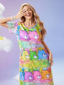 SweetSlumber X Carebears 女士休闲可爱卡通熊印花短袖睡衣连衣裙，夏季蓬松睡衣卡哇伊连衣裙，冬季舒适保暖，哞哞睡裙