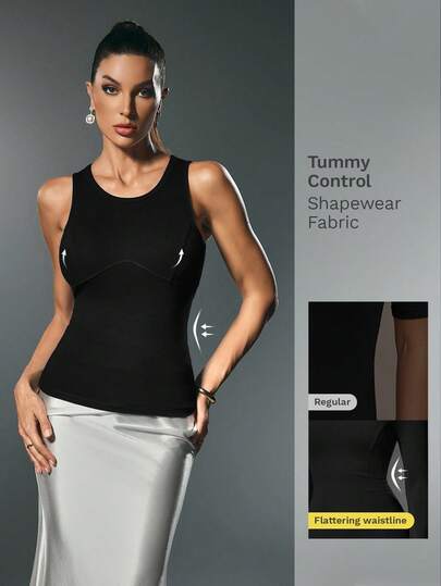 Nuvra Women's Casual Versatile Sleeveless Crop Top Black,Summer,Basic,Everyday Built-In Bra Tummy Control Shapewear Fabric Corset Halloween Christmas Party