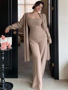 DAZY 3pcs Women Solid Color Minimalist Shawl Cardigan, Camisole, And Pants Knit Sweater Set - Khaki - View 3