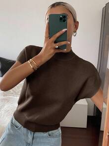 Livesso Áo len dệt kim cổ lọ tay cánh dơi màu trơn thường ngày dành cho nữ - Màu nâu  Mocha - Xem 5