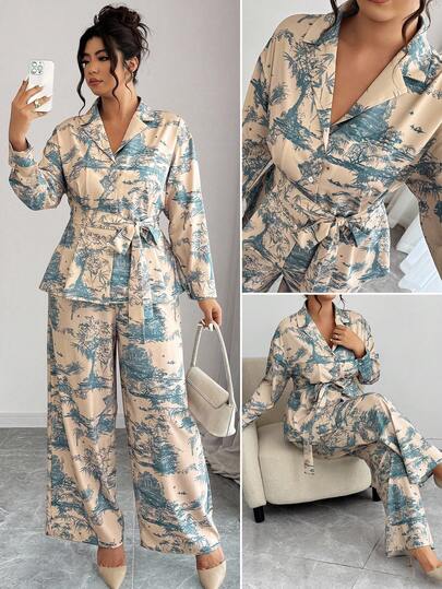 Elenzga 大码女式植物印花翻领长袖单排扣衬衫和阔腿裤休闲两件套