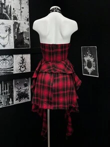 EgrlEra 夏季时尚格子荷叶边露背吊带连衣裙 - 紅色 - 查看 2