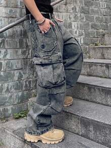 Manfinity EMRG Pantalones cargo de hombre con bolsillo con solapa y diseño de panel lateral (sin cinturón) - Azul - Ver 4