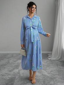 Momance 舒适的条纹花卉印花长袖孕妇装 - 藍白色 - 查看 4