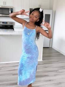 SHEIN Tween Girls Casual Street Fashion Tie-Dye Spaghetti Strap Split Hem Knit Dress