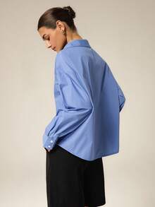 Hanevo 女式蓝色休闲运动 Polo 领简约衬衫 - 藍色 - 查看 2