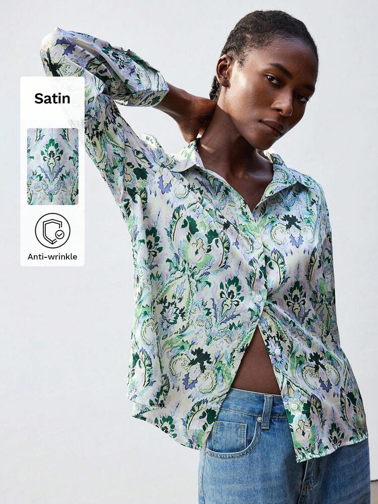 SHEIN Maija Floral Retro Print Loose Casual Long Sleeve Satin Blouse, Comfortable For Commuting And Vacation, Fashion & Versatile