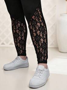 Rosumi Plus Size Women's Spring Contrast Black Lace Leggings,Summer - Black - View 6