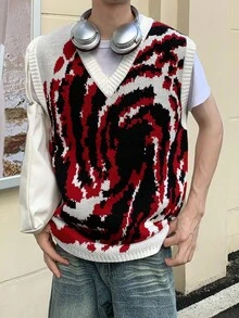 Manfinity Joysei 男士扎染V领宽松休闲针织背心 Y2k 毛衣背心 男士图案背心 - 彩色 - 查看 3