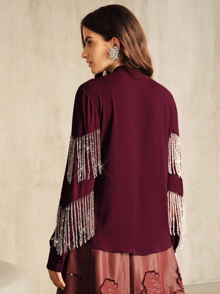 Women's Elegant Blouse, Minimalist Commuter Style, Tie-Front Fringe Blouse