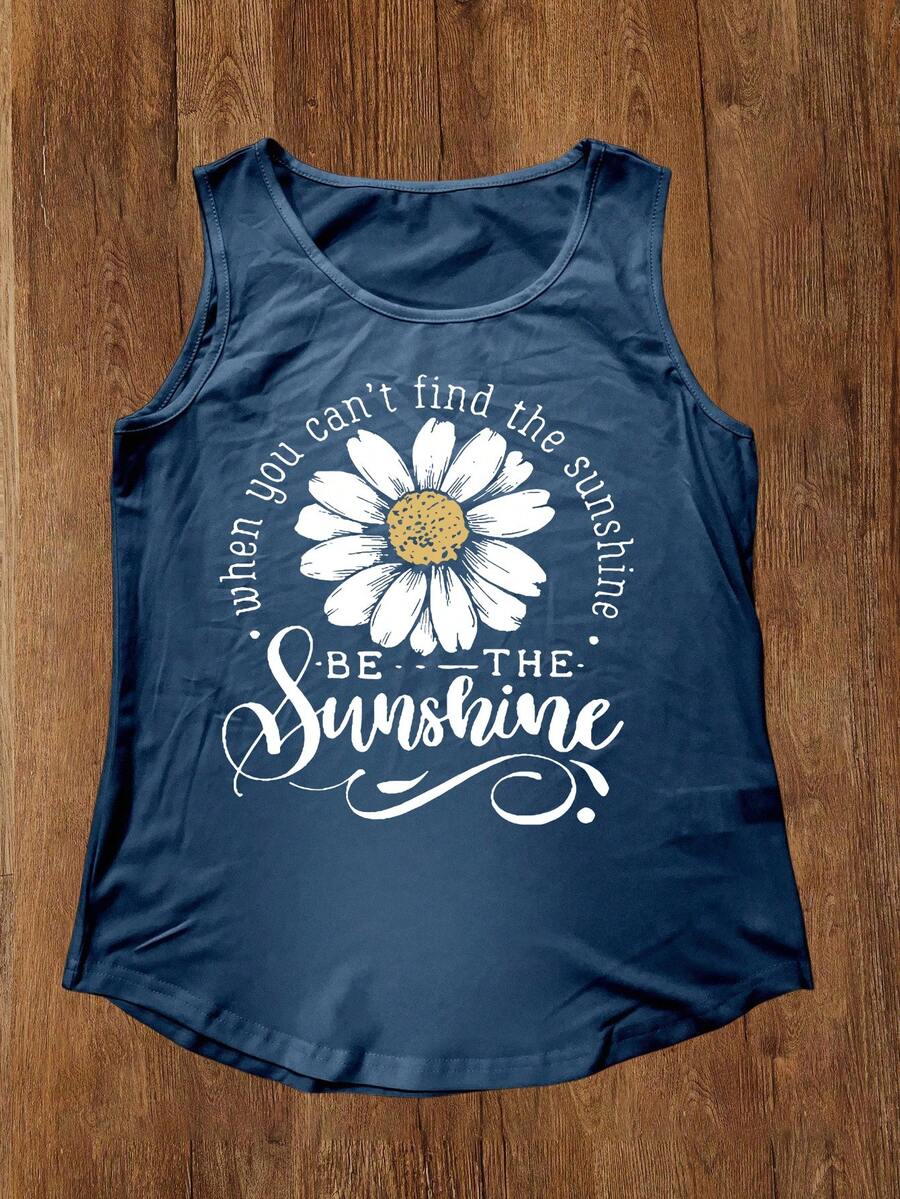 INAWLY 夏季女式无袖上衣，带有字母和花朵图案，当您找不到阳光时，成为阳光图案 T 恤女式上衣 - 藍色 - 查看 1