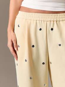 AiiRZ Studded Wide Leg Palazzo Pants With Polka Dot Pattern High Rise Elastic Waist Casual Trousers