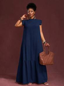 Veslaya Đầm maxi dáng rộng, màu kaki trơn, chất liệu vải dệt họa tiết, không tay, viền bèo nhún, cổ đứng, cỡ lớn, hàng mới về mùa Xuân/Hè, thích hợp cho kỳ nghỉ, thanh lịch và thường ngày. - Màu xanh hải quân - Xem 6