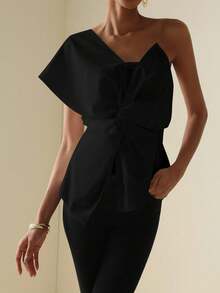 Vesra Women's Fashion Solid Color Twist Asymmetrical Shoulder Shirt One Shoulder Tops - Black - View 3