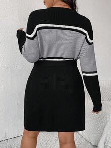 SHEIN Frenchy 秋冬大码女式拼色条纹长袖毛衣裙 - 灰色 - 查看 3