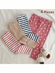 Loomiva 4件套女婴花卉条纹图案柔软棉质针织弹力腰时尚紧身裤