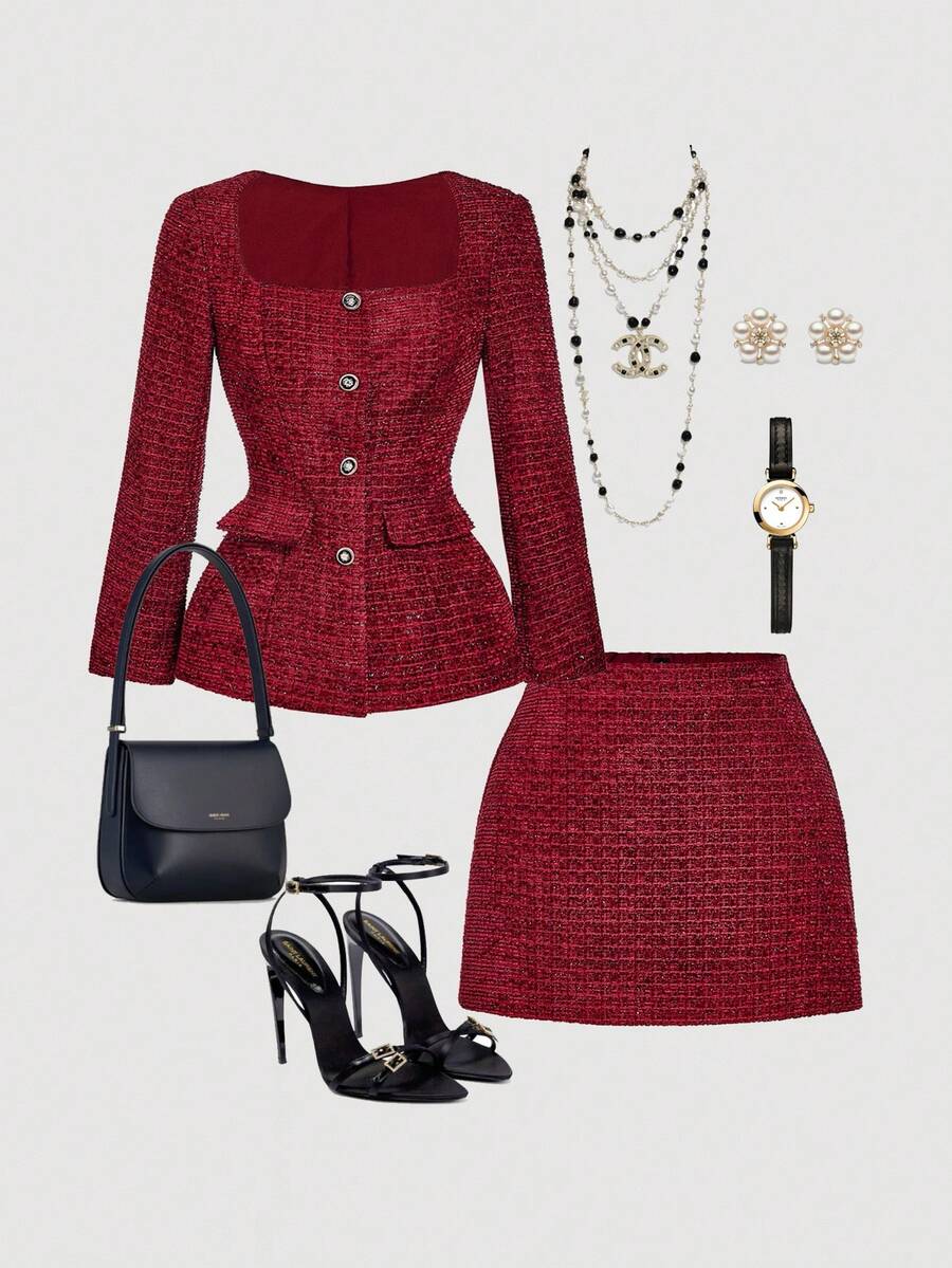 SHEIN MOD Plus Size 2pcs/Set Red Tweed Single-Breasted Square Collar Jacket And Skirt Set, Business Casual Woman,Back To School Clothes,Office Outfits For Women,Vintage Clothes Women,Back To School Clothes,Fall Clothes For Women,Fall Dresses For Women,Old Money,Holiday Outfits For Women