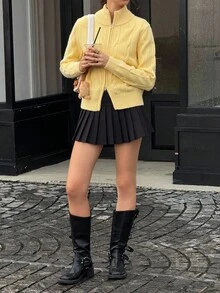 Jouncy Chaqueta de punto con cremallera y nudo de moda casual para mujer