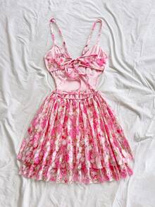 Soleia Women's Romantic Pink Floral Print Chiffon Flowy Sexy V-Neck Ruched Cutout Backless Double Layered A-Line Mini Dress, Suitable For Vacation, Party, Date, Valentine's Day, Afternoon Tea Floral Sundress Floral Summer Dress Spring Dress Rose Dress