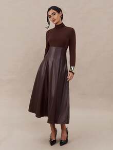 Modelyn 女士优雅拼布中长连衣裙，适合通勤 - 棕色 - 查看 5