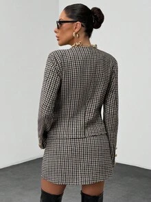 EURMUSE Bộ vest và chân váy họa tiết Houndstooth dành cho nữ – Bộ vest thanh lịch hai mảnh đính cúc vàng - màu nâu - Xem 3