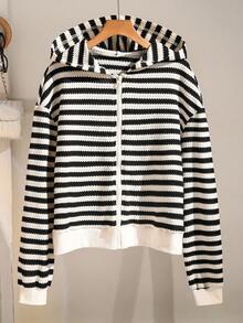 Teen Girls' Casual V-Neck Loose Striped Drawstring Hooded Long Sleeve Jacket, Suitable For Daily Commute, Spring/Autumn Fall Winter - Black and White - View 1