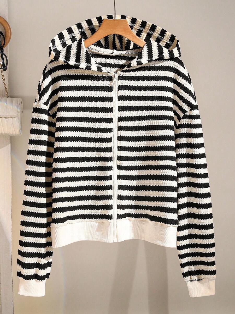 Teen Girls' Casual V-Neck Loose Striped Drawstring Hooded Long Sleeve Jacket, Suitable For Daily Commute, Spring/Autumn Fall Winter - Black and White - View 1