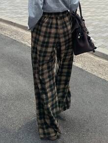 FRIFUL 女士格子阔腿撞色保暖加厚长裤，秋季适合万圣节穿着 - 棕色 - 查看 3