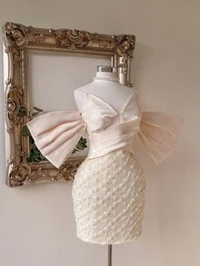 Lovelzi 优雅、浪漫、性感、香槟色、缎面、蝴蝶结、3D 花卉蕾丝拼接、褶饰、合身腰部中长连衣裙，适合生日派对、婚礼、鸡尾酒会 - 香檳色 - 查看 6