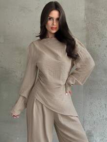 Firerie 2pcs Women's Khaki Elegant Office Outfit,Autumn Asymmetric Ruched Waist Long Sleeve Blouse And Wide Leg Pants,Linen Minimalist Casual Commute Suit - Khaki - View 6