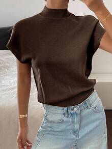 Livesso Áo len dệt kim cổ lọ tay cánh dơi màu trơn thường ngày dành cho nữ - Màu nâu  Mocha - Xem 4