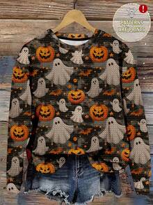 EMERY ROSE Áo nỉ chui đầu cổ tròn tay dài dáng rộng in hình ma, dơi, bí ngô giả Halloween cỡ lớn dành cho nữ, mùa thu/đông - Nhiều màu - Xem 1